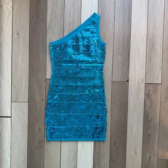 WOWCOUTURE Y2K teal blue one-shoulder full sequin dress - Picture 5 of 5